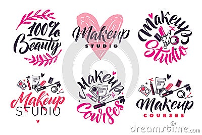 Makeup Studio and Courses Vector Logo Set. Illustration of cosmetics. Lettering illustration Vector Illustration