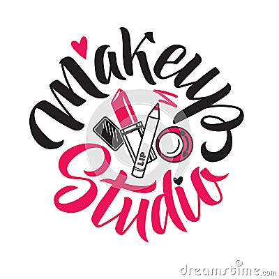 Makeup Studio Vector Logo. Illustration of cosmetics. Round Lettering illustration Vector Illustration