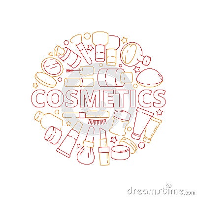 Makeup symbols. Beauty woman cosmetic items in circle shape eyeshadow lipstick cream nail polish vector design concept Vector Illustration