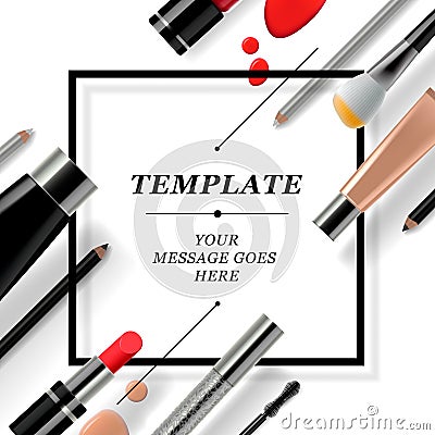 Makeup template with collection of make up cosmetics and accessories Cartoon Illustration