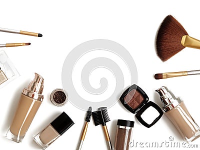 Makeup tools and accessories. Brow eyeshadows, naturel skin foundation for clean ton face, nail polish, make-up brushes Stock Photo