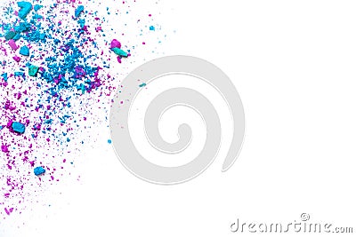 Makeup trends. Samples of dry blush, powder, bronzers and highlighter scattered on a white background. purple, blue, gray broken o Stock Photo