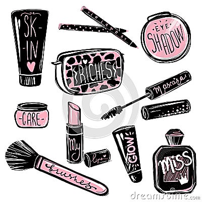 Makeup vector set. Cosmetics beauty elements. Beautiful fashion illustration Vector Illustration