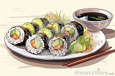 Maki rolls, fish and vegetables and avocado wrapped in seaweed Cartoon Illustration