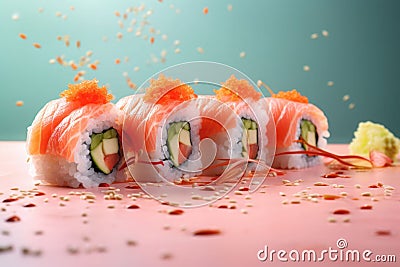 Maki rolls in row with salmon, avocado, tuna, cucumber. Japanese food with sushi roll. Generative AI Cartoon Illustration