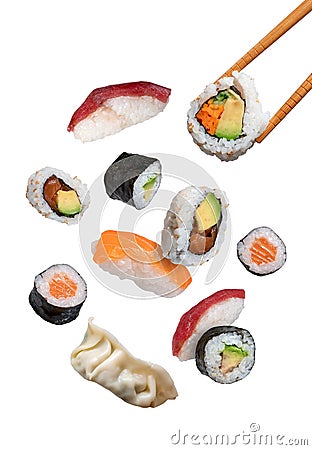 maki sushi falling isolated on white background Stock Photo