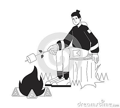 Making campfire marshmallow bw vector spot illustration Vector Illustration