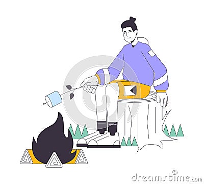 Making campfire marshmallow flat line vector spot illustration Vector Illustration