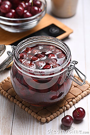 Making cherry jam at home. Stock Photo