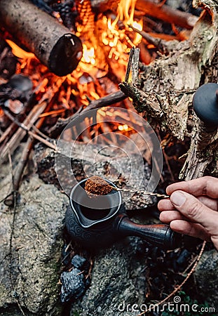 Making coffee process on campfire Stock Photo
