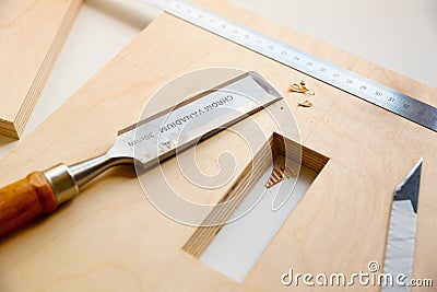 Making a component of wood furniture Stock Photo