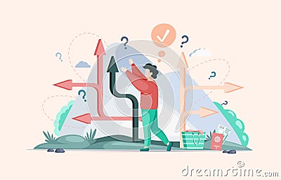 Making confusion choice of path. Man thought about solution to problem choose options person concept Vector Illustration