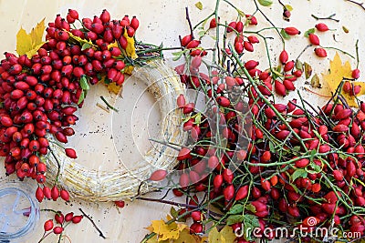 Making decoration from rose hips Stock Photo