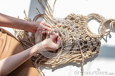 Making a DIY hemp bag, top view. Stock Photo