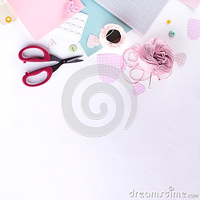 Making diy project. Knitting decoration. Craft tools and supplies. Season home valentines day decor. Stock Photo