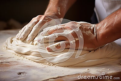 Making dough by hands on sprinkled with flour on wooden table background Stock Photo