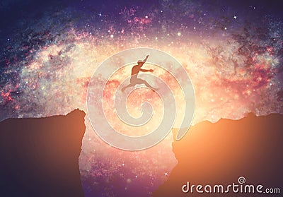 Making a dream come true. Man jumping between mountains on galaxy night sky Cartoon Illustration