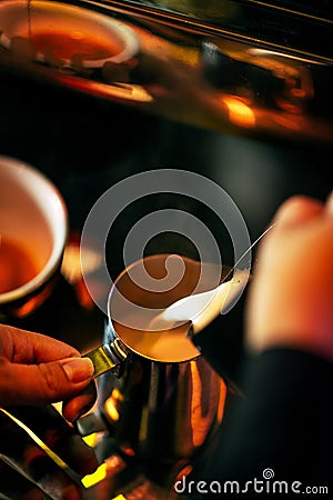 Making espresso coffee close up detail with modern machine Stock Photo