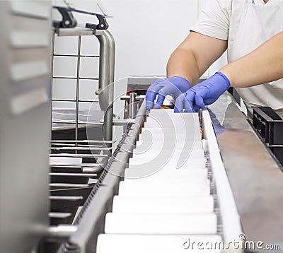 Making and filling custard cakes with cream on a modern automatic line, production of confectionery sweets Stock Photo