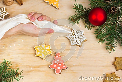 Making gingerbread. Cooking Christmas food. Traditional holiday hand made cookie. Top view Stock Photo