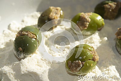 Making homemade ascolana olives Stock Photo