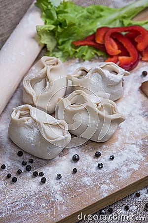 Making of homemade dumplings pastry tortellini or ravioli. Model for home made pasta filled with meat. Preparing organic Stock Photo