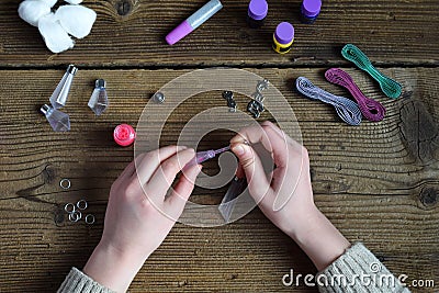 Making magic crystal of wishes from cotton wool, dyes and glitter. Children`s DIY project. Handmade gift for Birthday, Mother`s Stock Photo