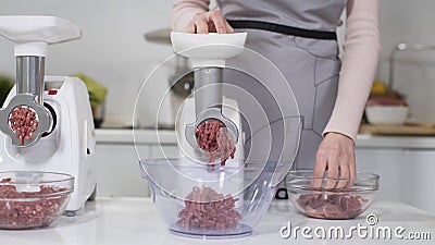Making minced meat in electric meat grinders from fresh beef at home. Pile of chopped meat. Electric mincer machine with Stock Photo