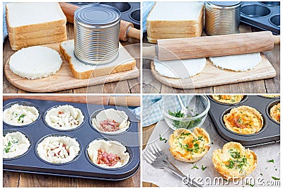 Making mini quiche with bacon, collage Stock Photo