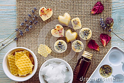 Making of mini wax melts for aroma lamp diffuser at home concept. Stock Photo