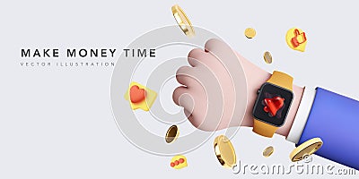 Making money banner concept. Realistic social icons, coins, a hand with a clock on which a notification was received. Vector Vector Illustration