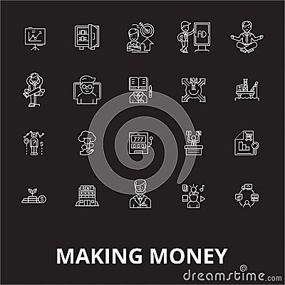 Making money editable line icons vector set on black background. Making money white outline illustrations, signs Vector Illustration