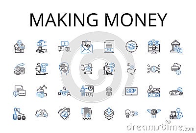 Making money line icons collection. Earning wages, Gaining profits, Accumulating wealth, Securing income, Receiving Vector Illustration