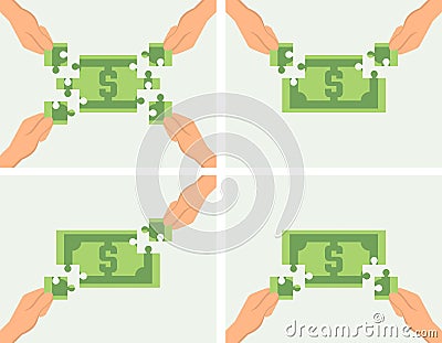 Making money together or crowdfunding concept. Hands putting money bill puzzle together Vector Illustration