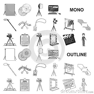 Making a movie monochrom icons in set collection for design. Attributes and Equipment vector symbol stock web Vector Illustration