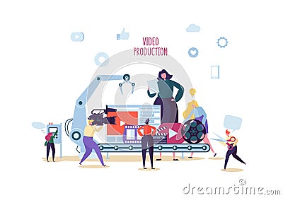 Making Movie, Video Production Concept. Television Operator with Camcorder. Videography, Characters Shooting Film Vector Illustration