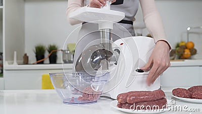 Making raw mincemeat with meat mincer at home. Pile of chopped meat. Electric mincer machine with fresh chopped meat Stock Photo