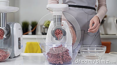 Making raw mincemeat with meat mincer at home. Pile of chopped meat. Electric mincer machine with fresh chopped meat Stock Photo