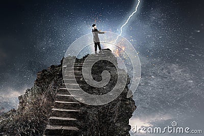 Making risky steps. Mixed media Stock Photo