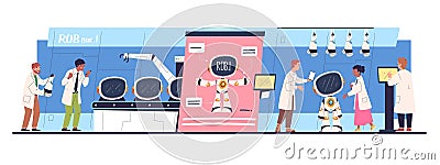 Making robot lab. Engineers build robots in science laboratory, bot invention development or hardware repair, software Cartoon Illustration