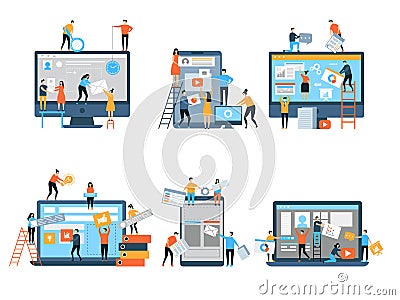 Making site. Web pages under construction seo optimization marketing simple people group business team vector stylized Vector Illustration