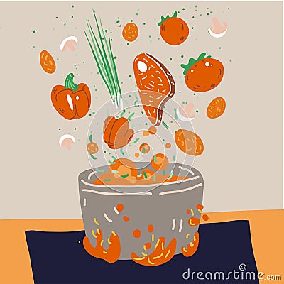 Making soup vector concept. Pot with bulbing delicious food on a fire and all ingredients around it - vegetables, meat Vector Illustration