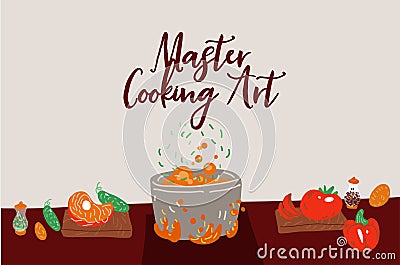 Making soup vector concept. Pot with bulbing delicious food on a fire and all ingredients around it - vegetables, meat Vector Illustration