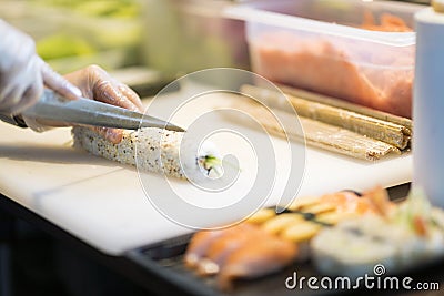 Making sushi in japanese restaurant Stock Photo