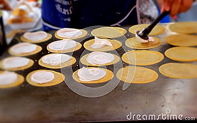 Making thai crispy pancake - cream crepes Stock Photo
