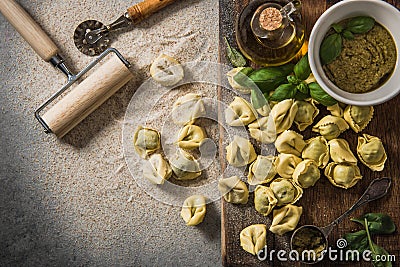 Making tortellini with fresh spinach,overhead,view Stock Photo