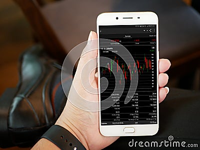 Making trading online on the smart phone. New ways to make economy and trading Stock Photo