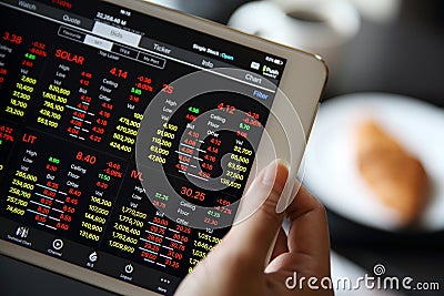 Making trading online on the tablet with business woman hand and croissant Stock Photo