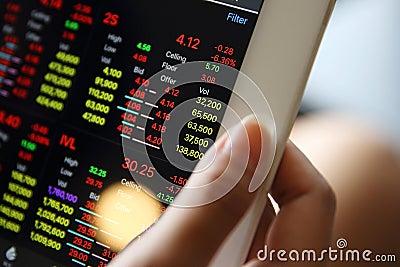 Making trading online on the tablet with business woman hand Stock Photo