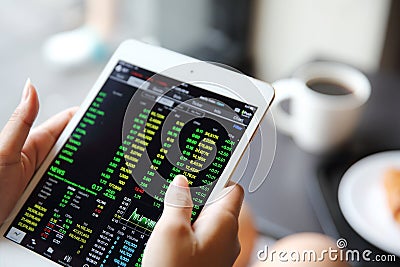 Making trading online on the tablet with business woman hand Stock Photo